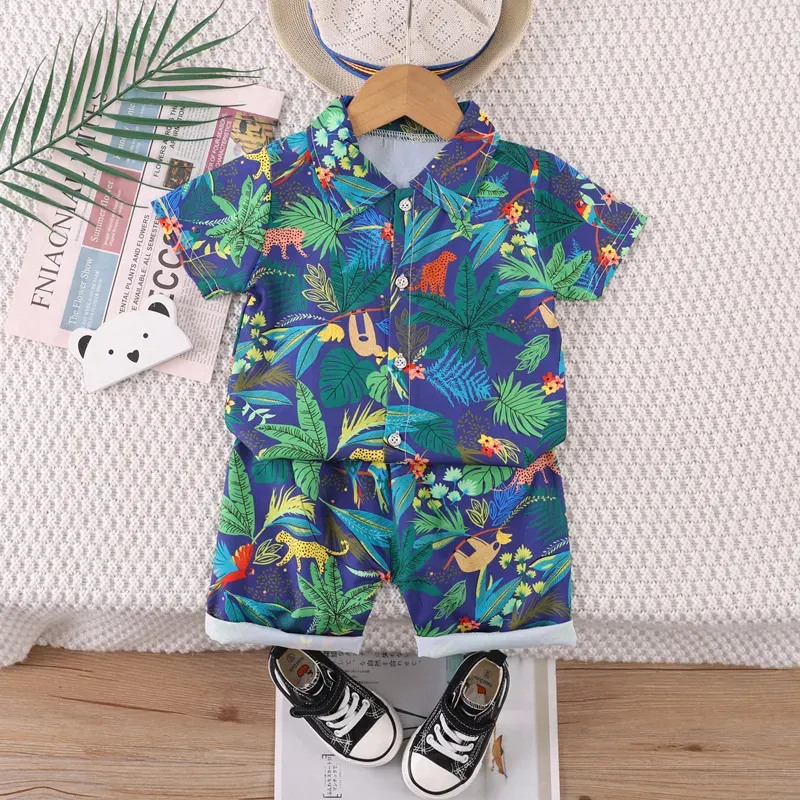 Wholesale Kids Baby Boys Casual Holiday Tiny Flower Print Short Sleeve Lapel Shirt Shorts Sets - Image 7