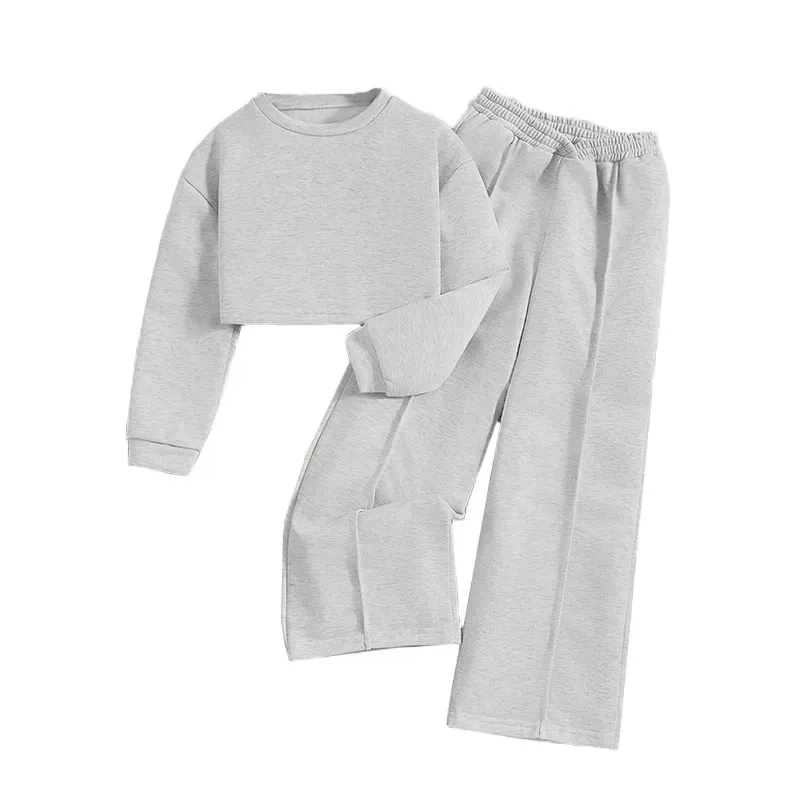 Wholesale Kids Girls Fashion Casual Solid Color Long-Sleeve Sweatshirt Wide-Leg Pants Two-Piece Set - Image 5