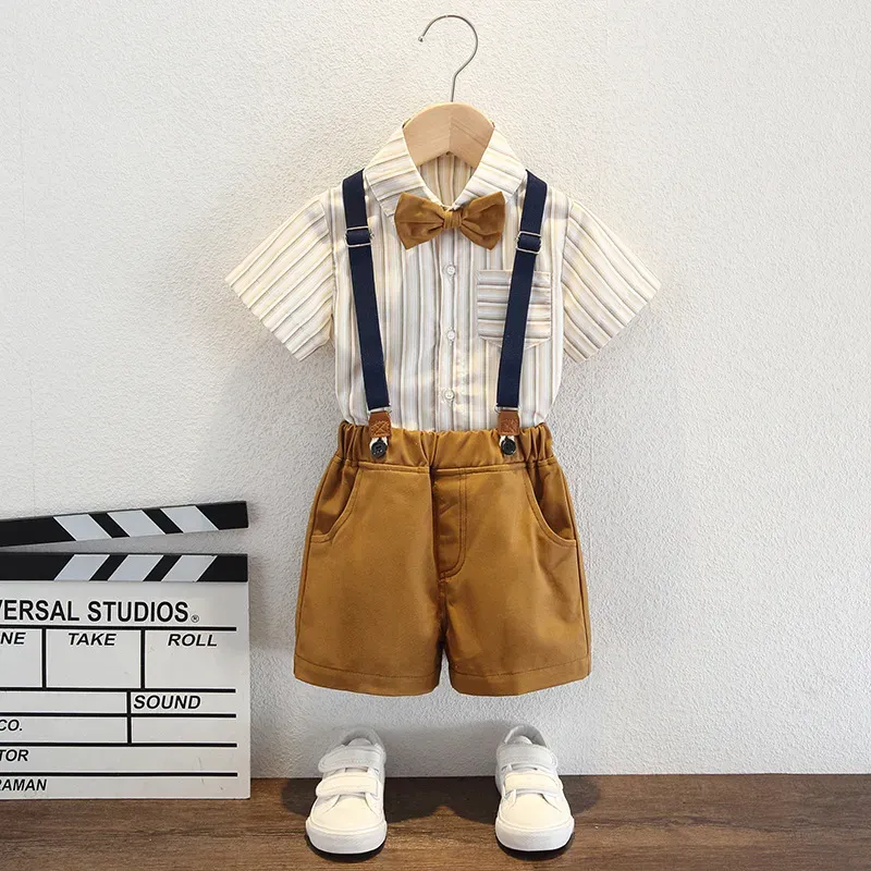 Wholesale Kids Toddler Big Boys Spring Autumn Fashion Casual British Style Bow Waistcoat Stripe Shirt Suspender Trousers Party Clothing Set - Image 10