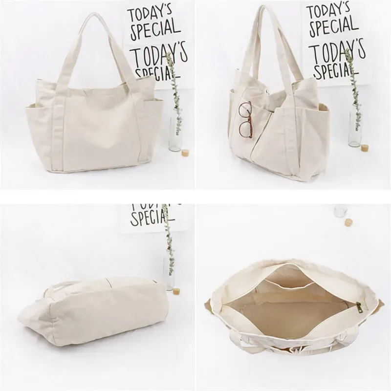 Women Solid Color Large Capacity Pocket Canvas Tote Bag - Image 5
