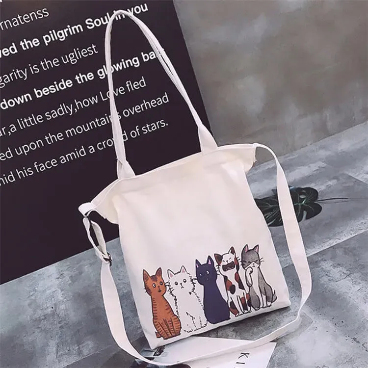 Women Fashion Cartoon Cats Printed Canvas Shoulder Bag - Image 8