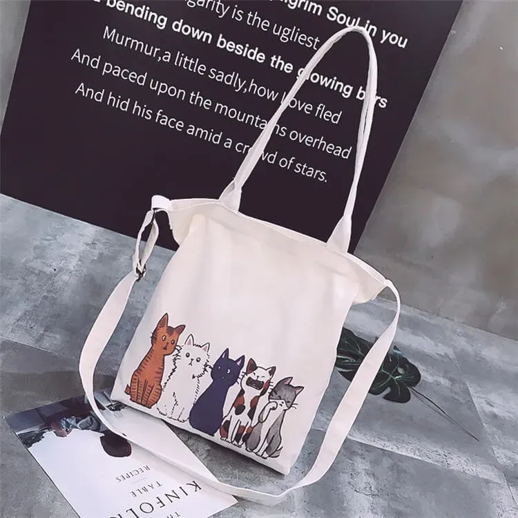 Women Fashion Cartoon Cats Printed Canvas Shoulder Bag - Image 9