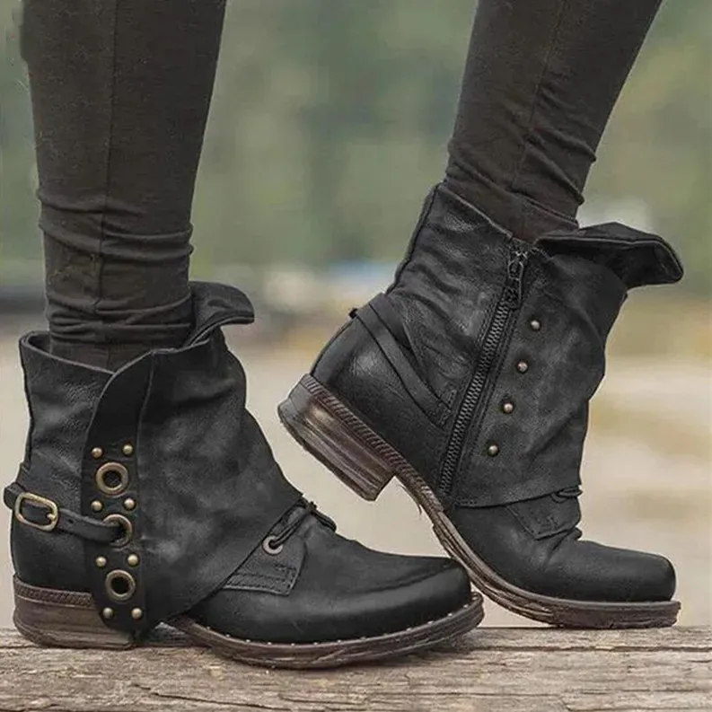 Size:4.5-11 Women Retro Solid Color Side Zipper Short Boots
