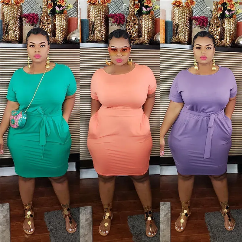 XL-5XL Women Plus Size Solid Color Sash Dresses