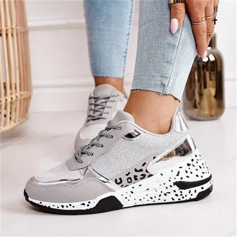 Women Fashion Casual Leopard Print Color Matching Lace-up Platform Sneakers - Image 5