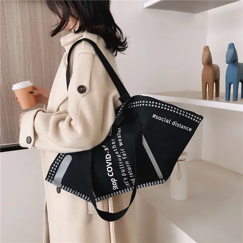 Mask Shape Women Creative Design Letter Pattern Large Capacity Shoulder Handle Bag