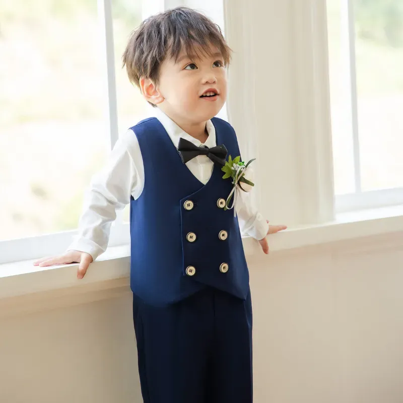 Wholesale Boys' Fashion Solid Color Lapel Long-Sleeve Blouse Tank Top Slim Fit Pants Five-Piece Set - Image 4