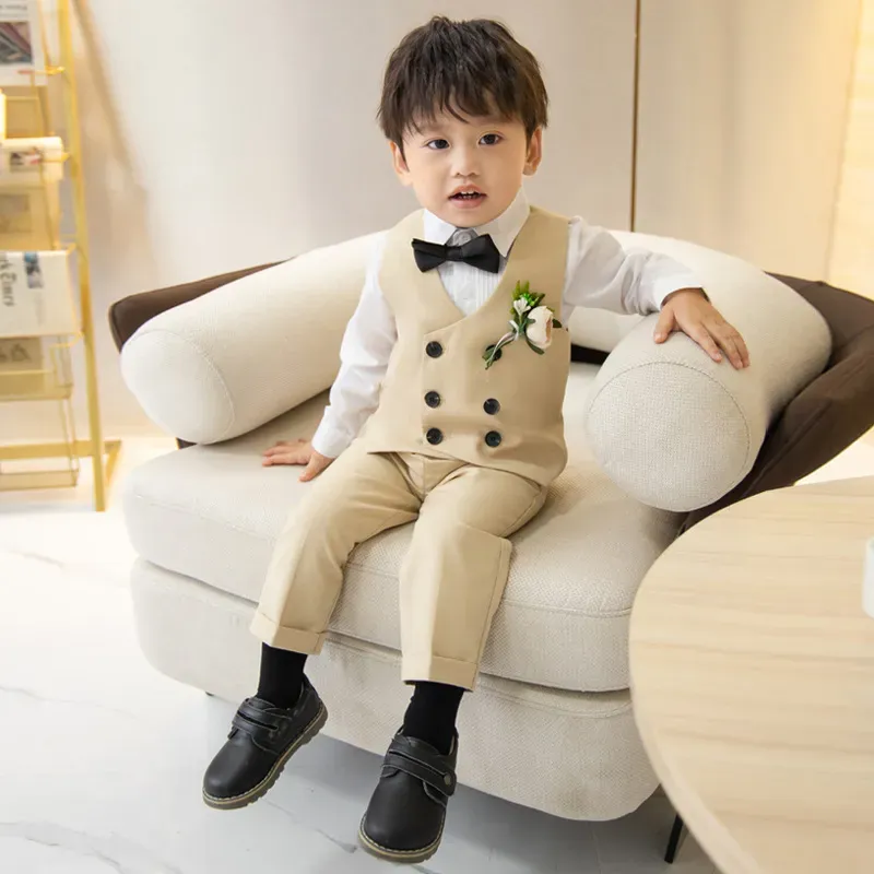 Wholesale Boys' Fashion Solid Color Lapel Long-Sleeve Blouse Tank Top Slim Fit Pants Five-Piece Set - Image 2