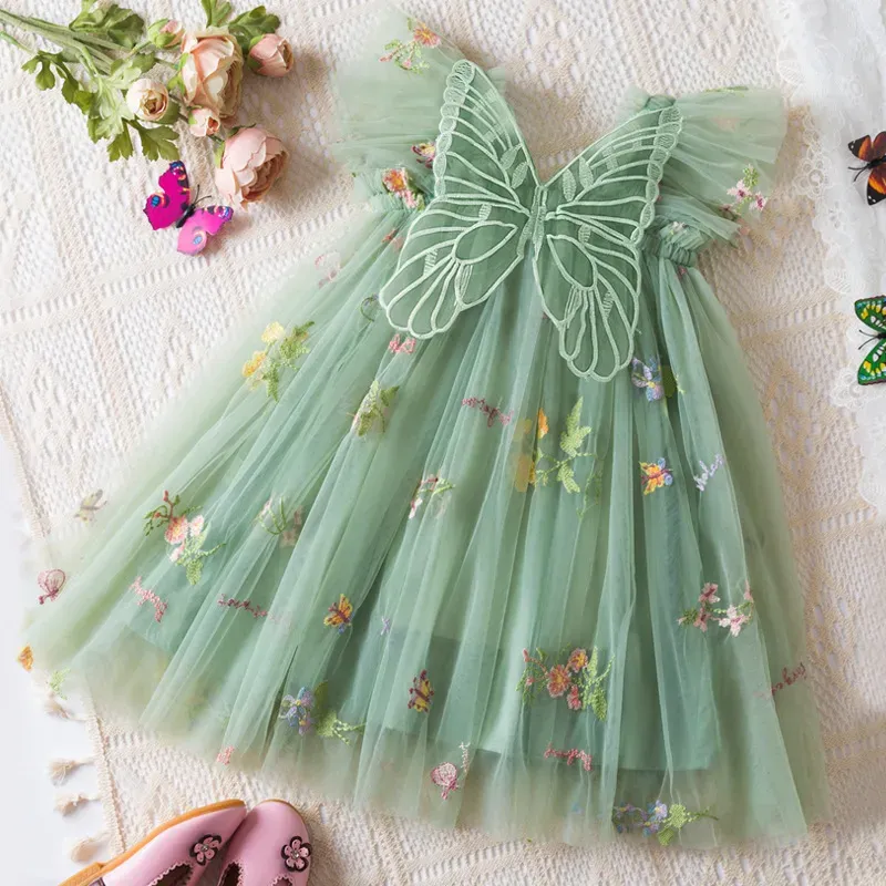 Wholesale Kids Girls Fashion Elegant Floral Embroidered Butterfly Mesh Flying Sleeve Dress - Image 6