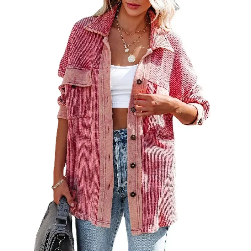 Women Casual Office Long Sleeve Lapel Single-breasted Pocket Design Rin Knit Shacket