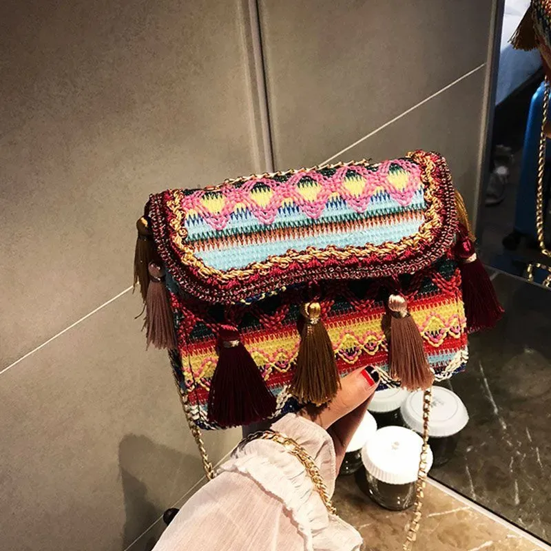 Ethnic Style Tassels Decor Chain All-Match Crossbody Bag