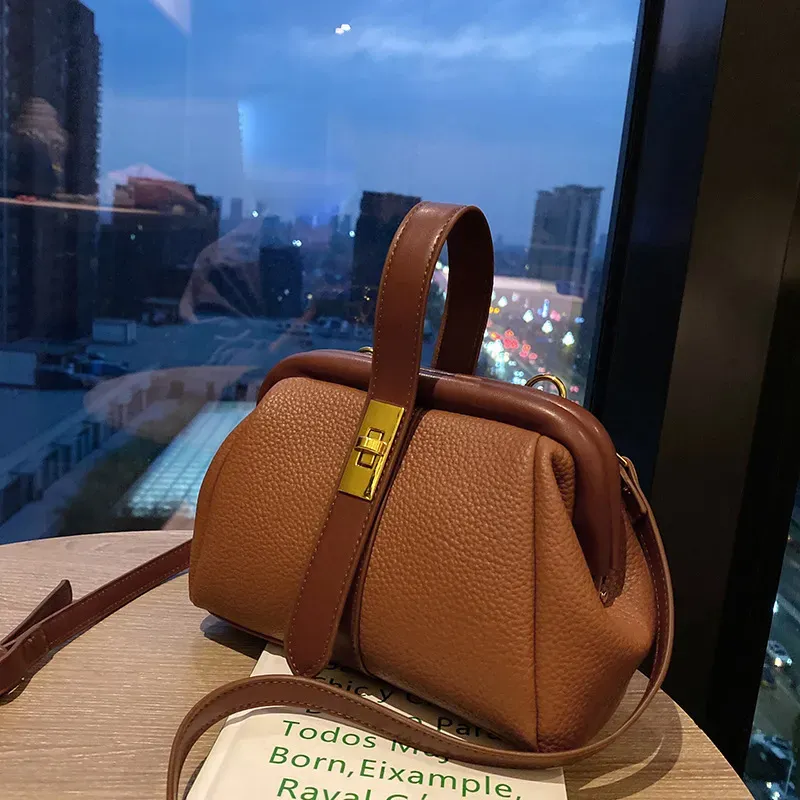 Lychee Pattern Women Vintage Design Solid Color Shoulder Handle Bag