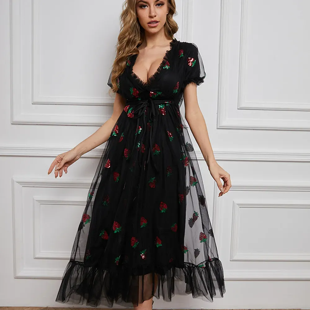 Plus Size Women Sweet Dating Short Puff Sleeve V Neck Mesh Patchwork Ruffled Dress - Image 5