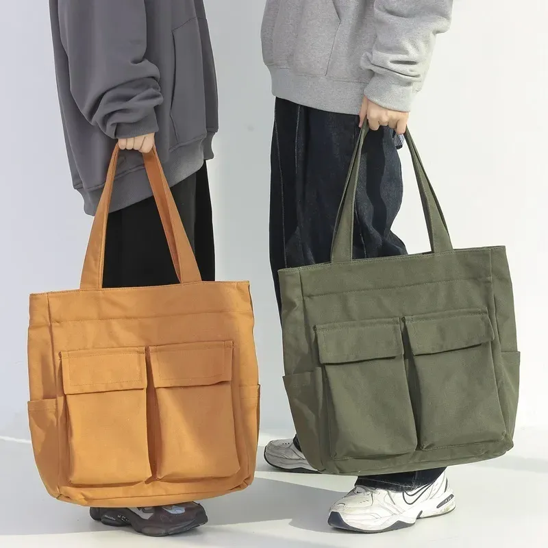 Women Casual Multi Pocket Design Solid Color Canvas Large Capacity Shoulder Handle Tote Bag