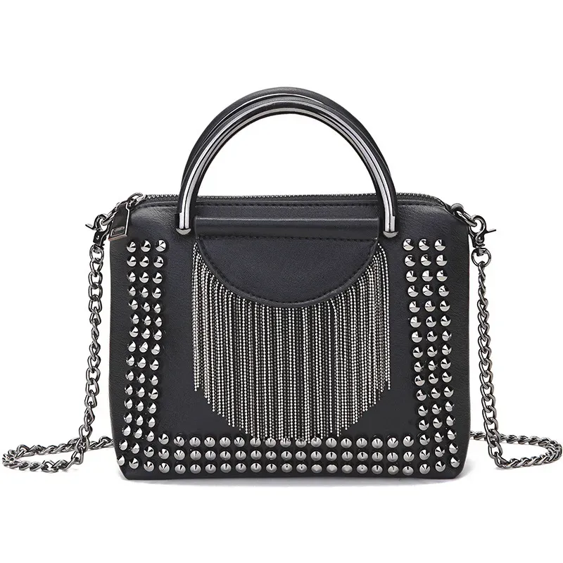 Women Vintage Rivet Tassel Decoration Design Solid Color Shoulder Handle Bag
