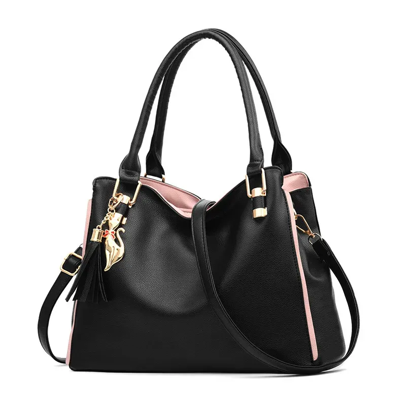 Women Vintage Design Solid Color Large Capacity Shoulder Handle Bag