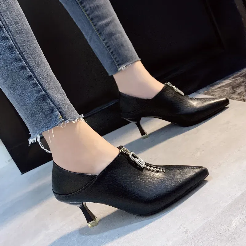 Women Stiletto Front Zipper Decor Solid Color Pu Pointed Toe Short Boots
