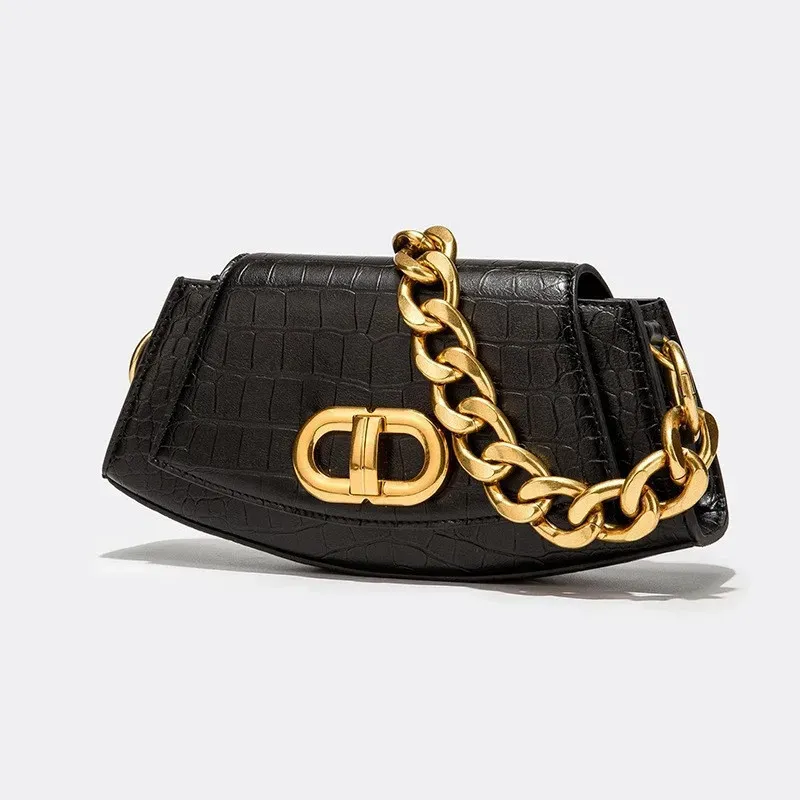 Women Vintage Flap Design Solid Color Crocodile Pattern PU Underarm Bag