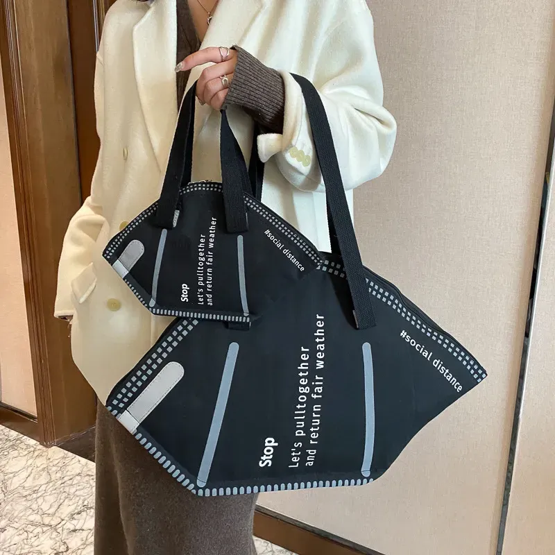 Women Creative Funny Mask Shape Design Letter Pattern Large Capacity Canvas Shoulder Bag