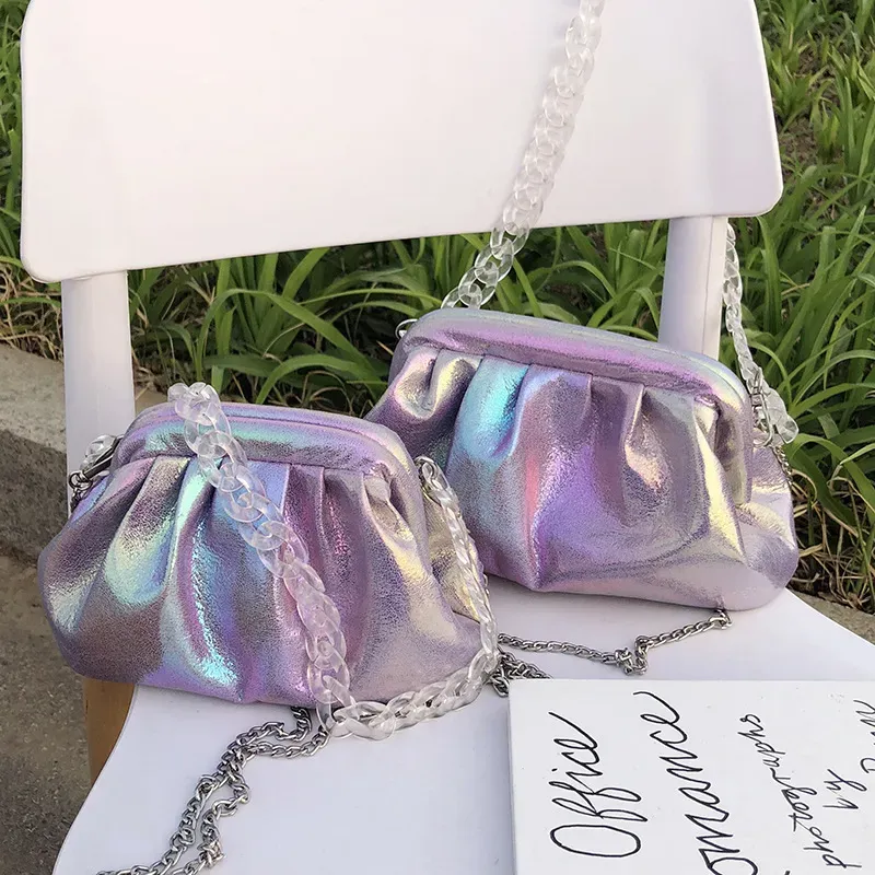 Women Fashion Crease Design Acrylic Chain Laser PU Crossbody Bag