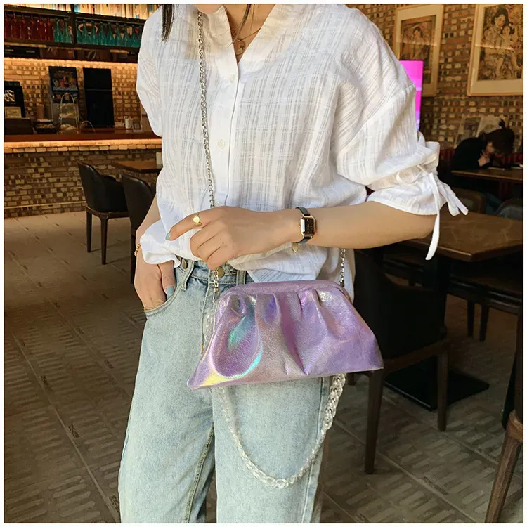 Women Fashion Crease Design Acrylic Chain Laser PU Crossbody Bag - Image 6