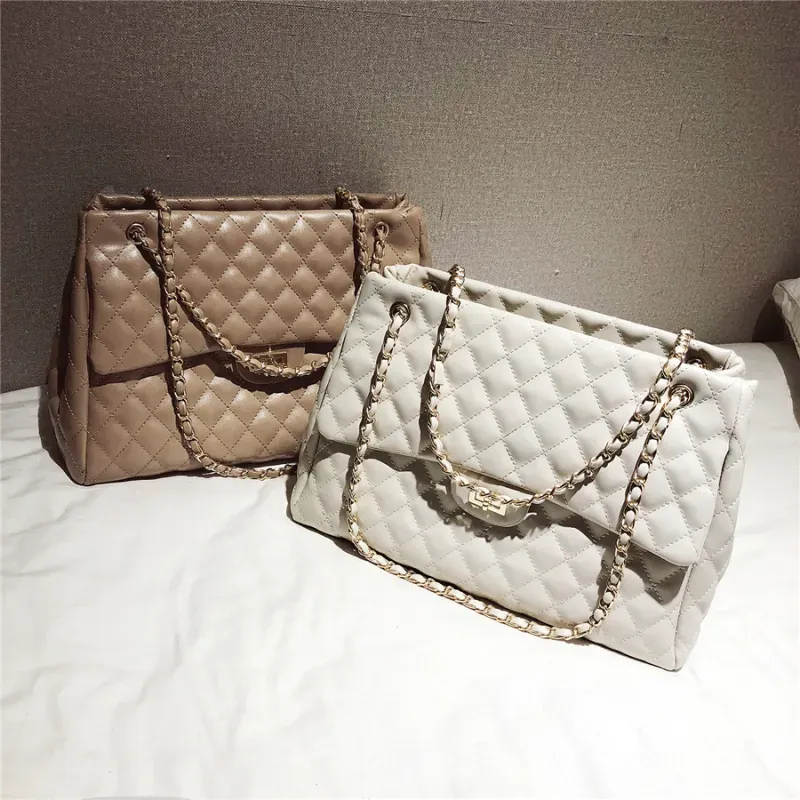 Women Fashion Rhombus Stitching Buckle Design Solid Color Large Capacity PU Shoulder Bag