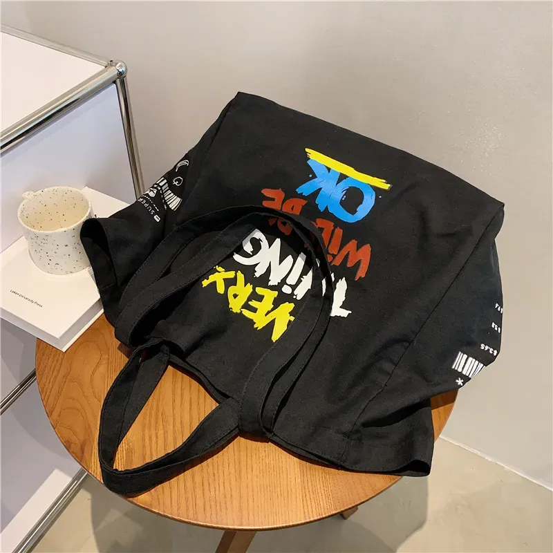 Women Casual Cartoon Letter Pattern Large Capacity Canvas Tote Bag