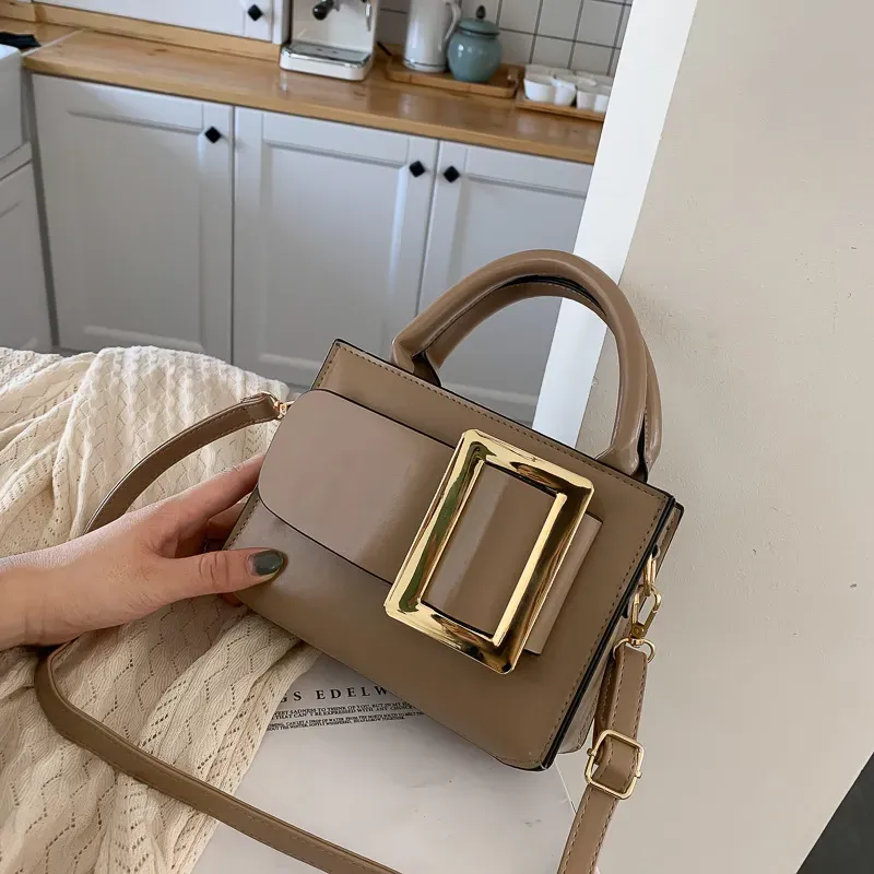Women Vintage Buckle Design Solid Color PU Crossbody Bag