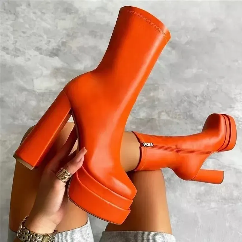 Women Fashion Double Waterproof Platform Leather Thick Heel Mid-Calf Boots