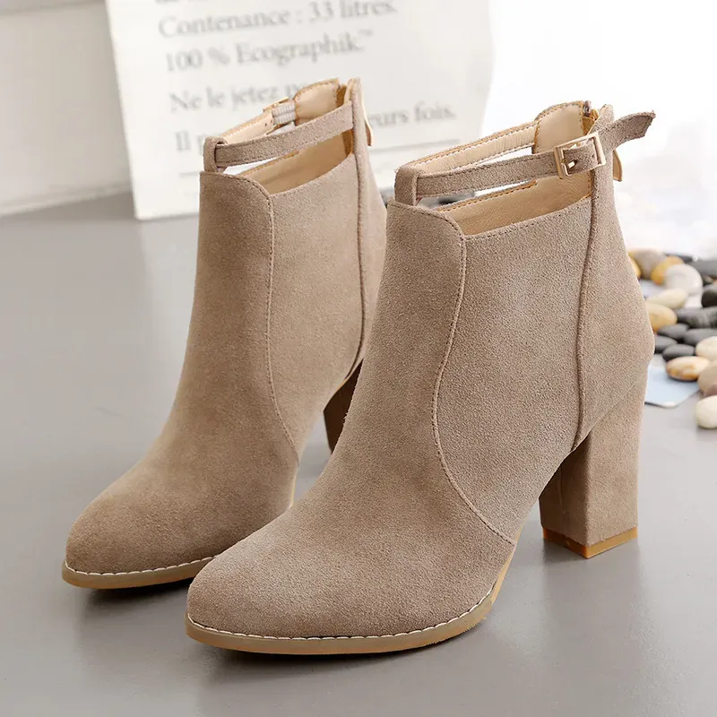 Women Fashion Round Toe Suede Chunky Heel Ankle Strap Buckle Short Boots Shoes - Image 4
