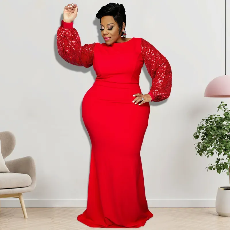 Large Size Women Elegant Winter Sequin Long Sleeve Solid Maxi Tight Dress
