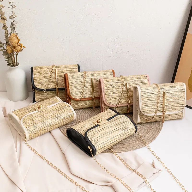 Women Fashion Casual Vacation Beach Magnetic Buckle Flap Chain Square Straw Woven Crossbody Bag