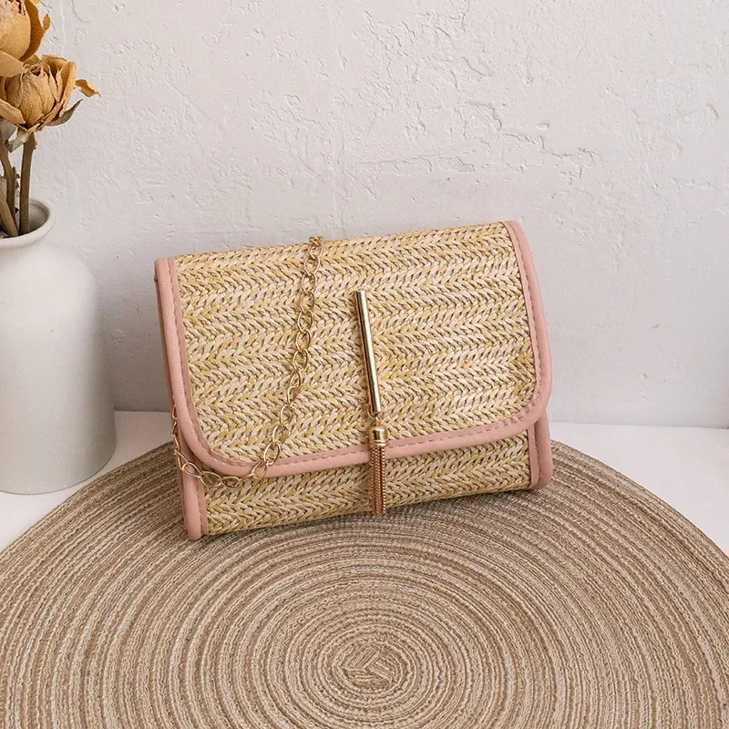 Women Fashion Casual Vacation Beach Magnetic Buckle Flap Chain Square Straw Woven Crossbody Bag - Image 10
