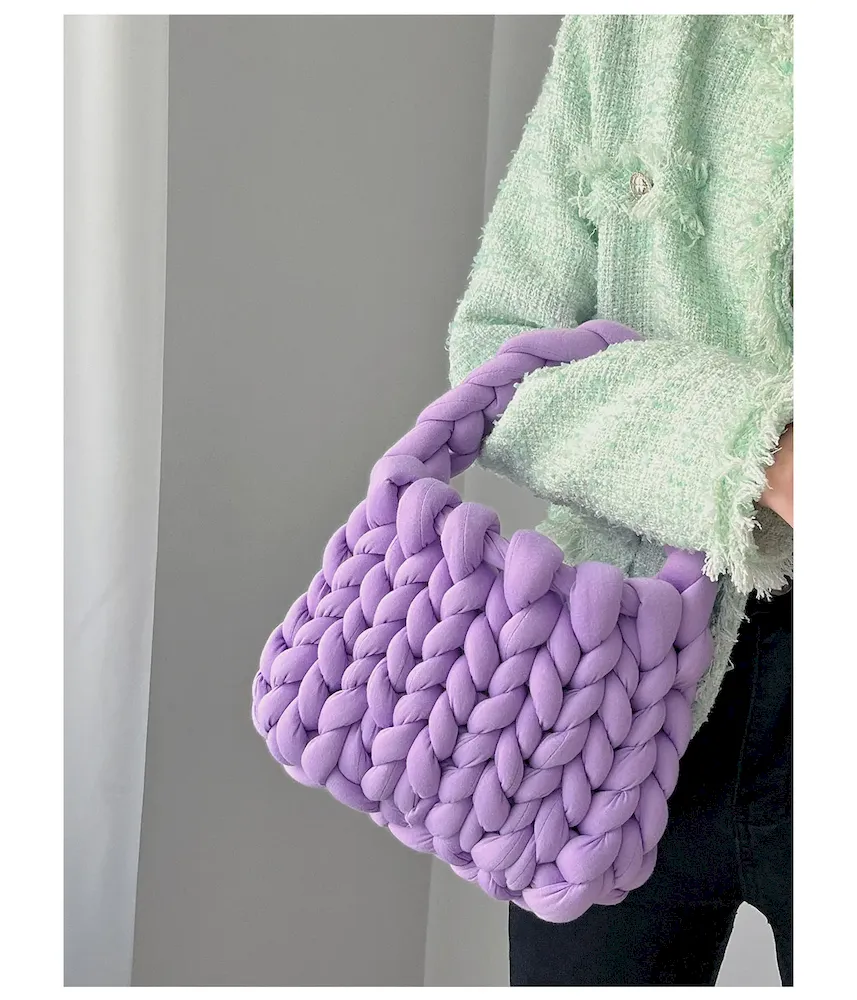 Women Fashion Solid Color Hand-Woven Wool Handbag - Image 9