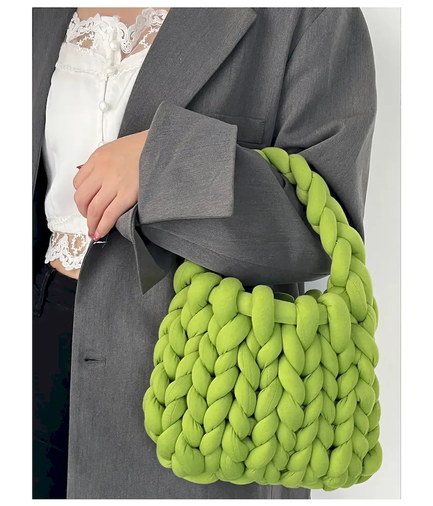 Women Fashion Solid Color Hand-Woven Wool Handbag - Image 11