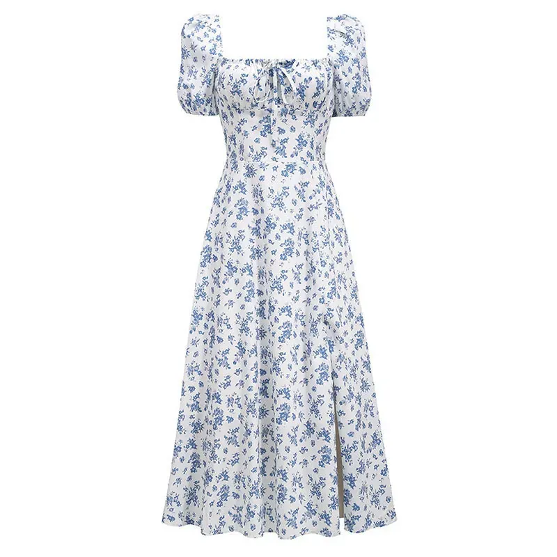 Vacation Summer Women Square Collar Puff Sleeve Tiny Flower Side Slit Midi Dress - Image 4