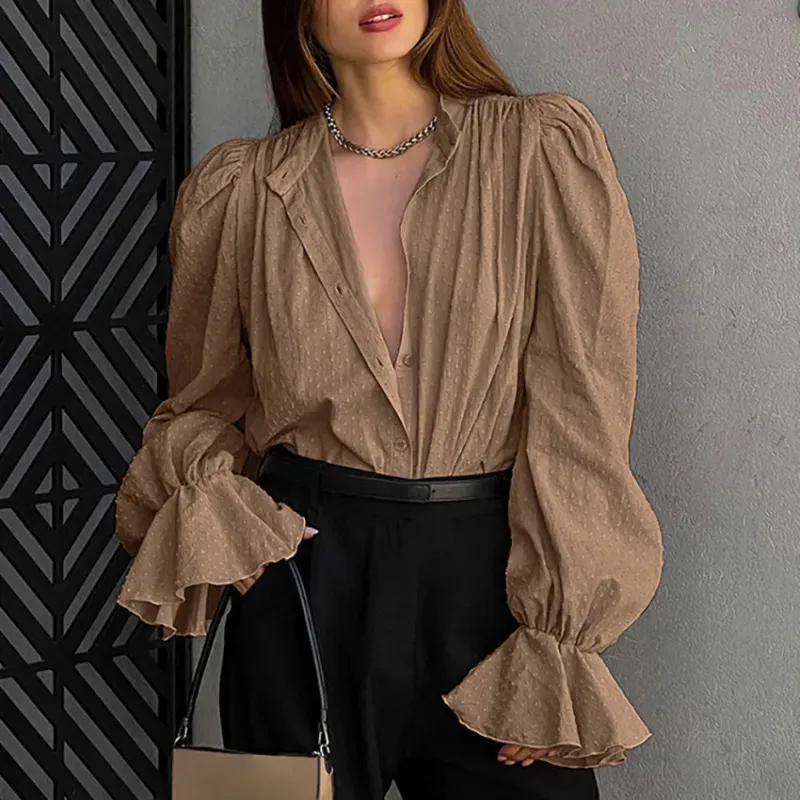 Women Puff Sleeve Office Chic Autumn Spring Jacquard Bubble Sleeve Shirt Blouse - Image 7