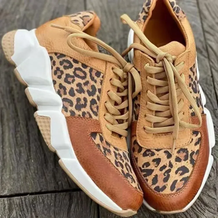 Women Fashion Casual Plus Size Leopard Round Toe Lace-Up Sneakers - Image 3
