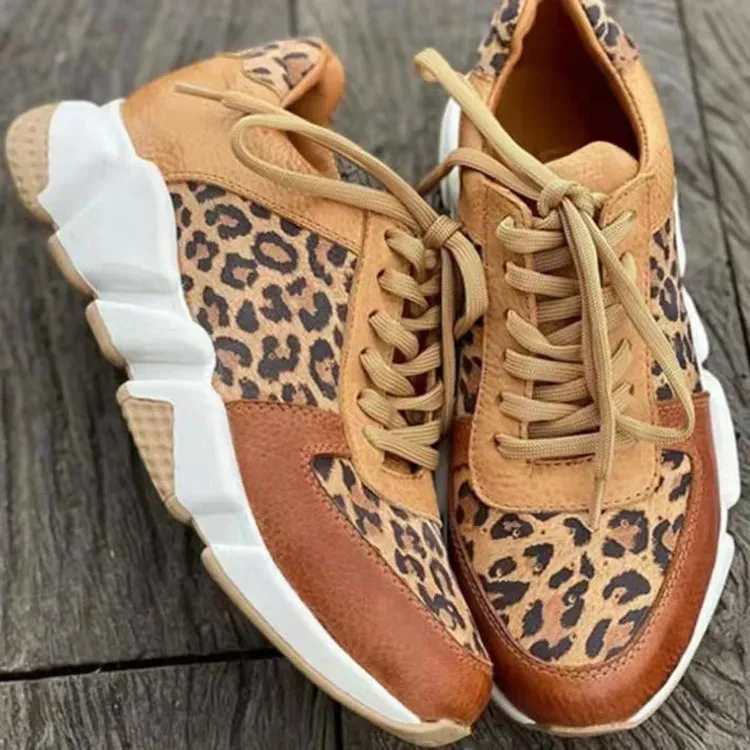 Women Fashion Casual Plus Size Leopard Round Toe Lace-Up Sneakers - Image 5
