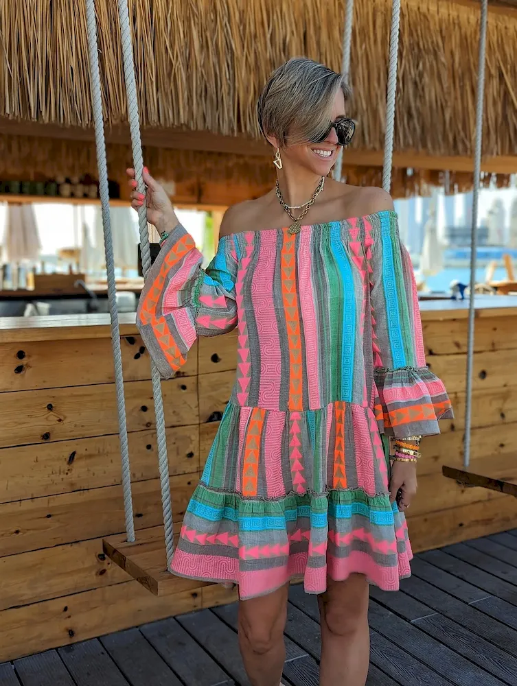 Fashion Boho Vintage Women Flare Sleeve Vacation Off-Shoulder Casual Loose Dress - Image 4