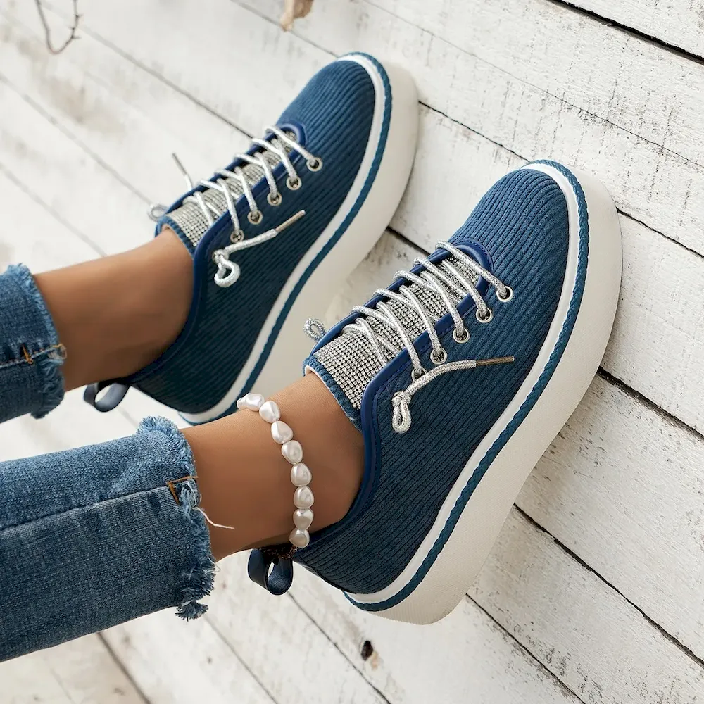 Women Fashion Plus Size Rhinestone Lace-Up Thick-Soled Sneakers - Image 6