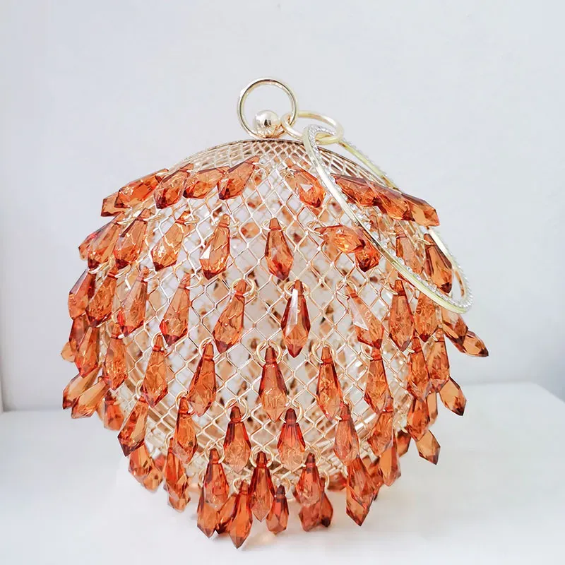 Women Fashion Creative Drop Shape Acrylic Round Metal Birdcage Handle Dinner Bag