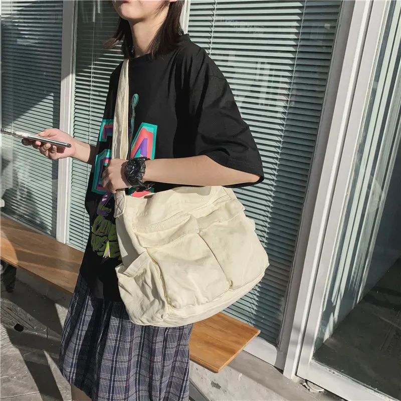 Women Fashionable Solid Color Multi-Pocket Large Capacity Canvas Tote Bag - Image 3