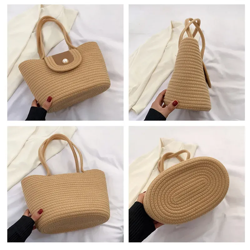 Women Fashionable Simple Pearl Flap Straw Woven Large Capacity Tote Bag - Image 4