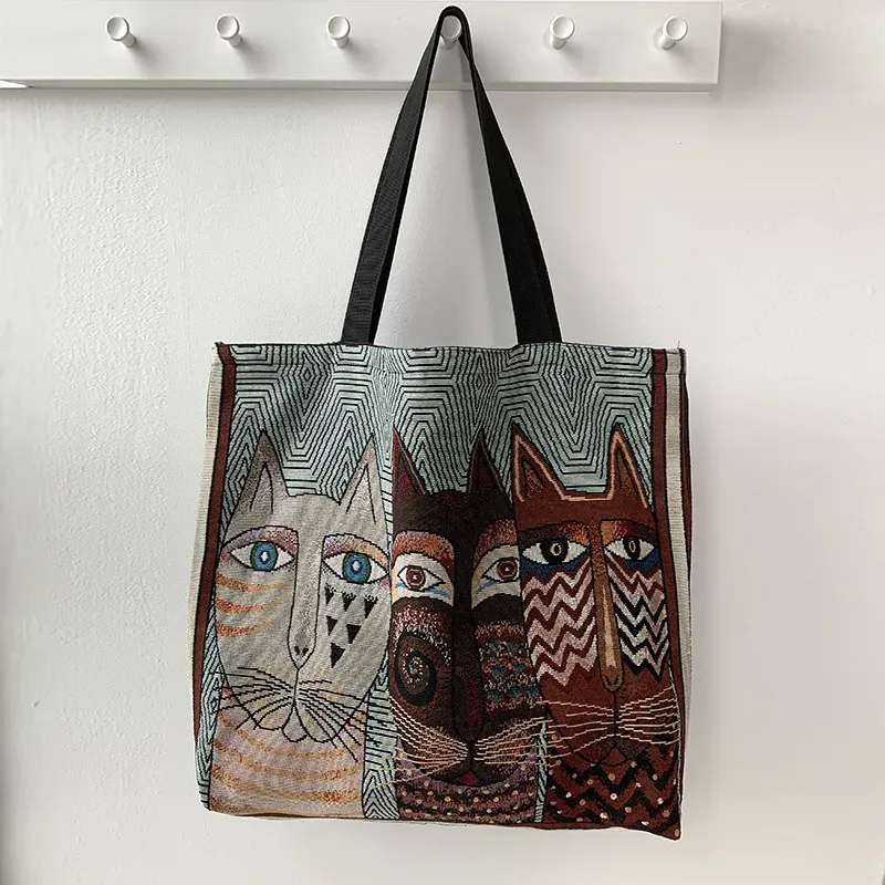 Women Fashion Cartoon Cat Animal Print Large Capacity Canvas Tote Bag - Image 4
