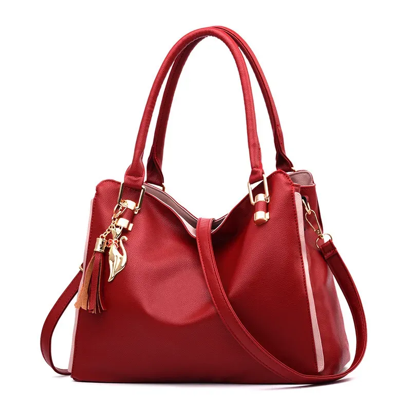 Women Simple Solid Color Tassel Pendant Large Capacity PU Handle Bag