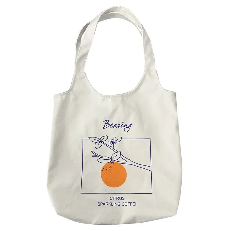 Women Cartoon Cute Orange Floral Print Large Capacity Canvas Tote Bag - Image 5