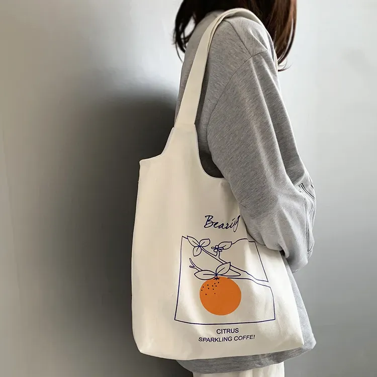 Women Cartoon Cute Orange Floral Print Large Capacity Canvas Tote Bag - Image 6