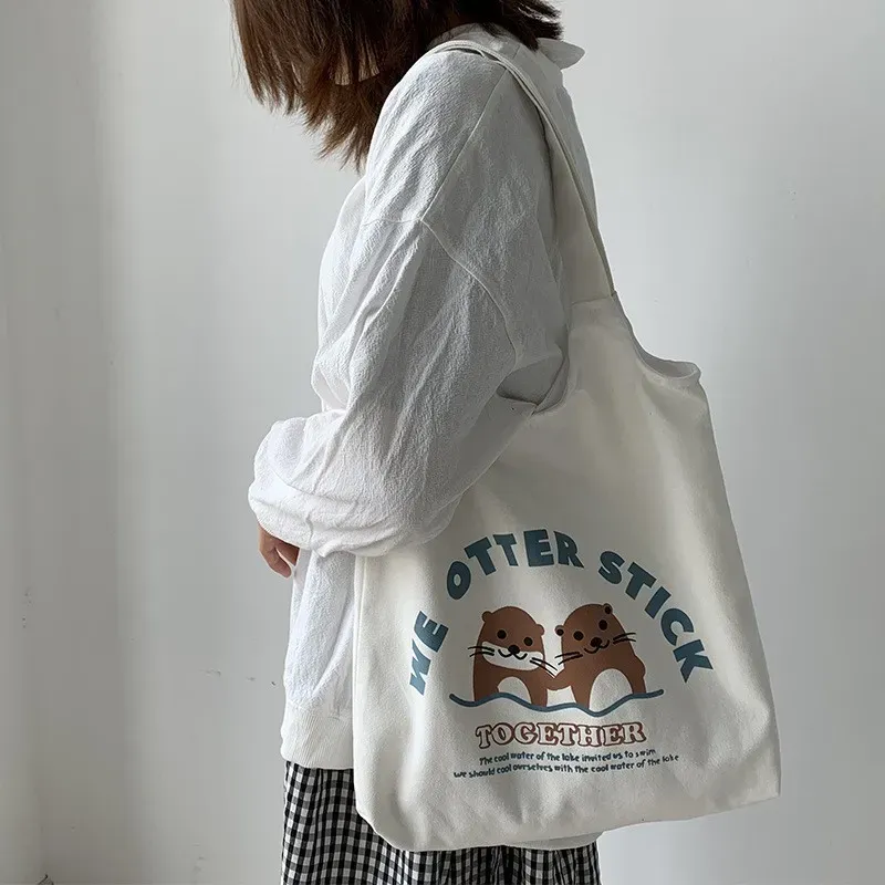 Women Cartoon Cute Orange Floral Print Large Capacity Canvas Tote Bag - Image 12