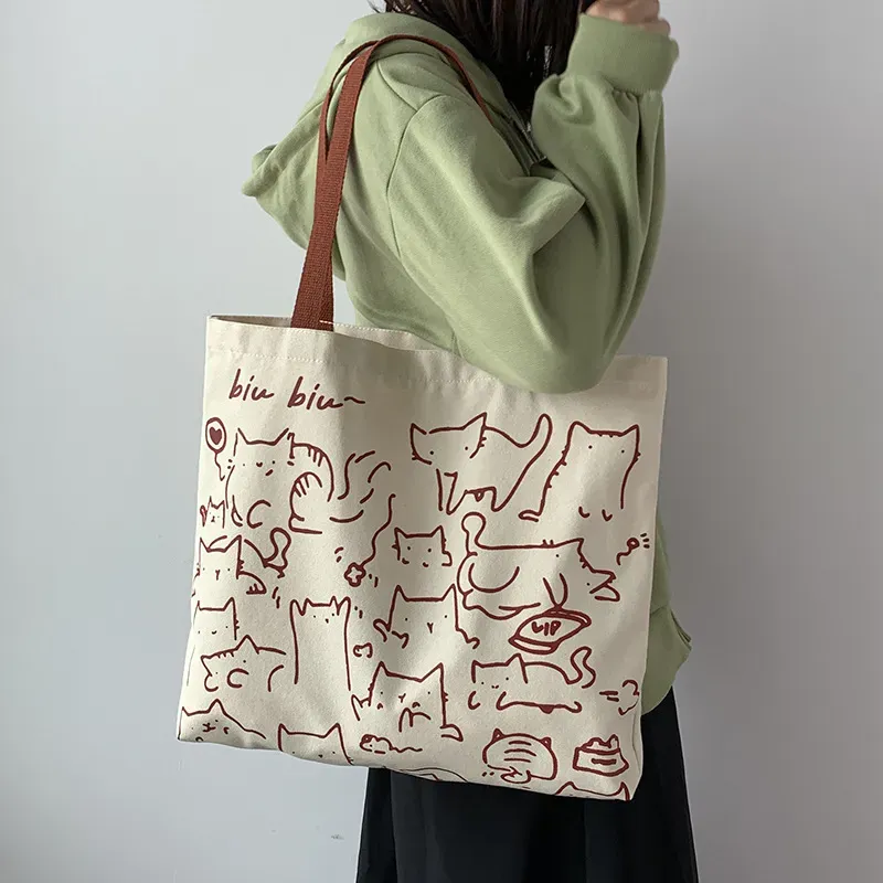 Women Cartoon Animal Print Large Capacity Canvas Tote Bag - Image 3